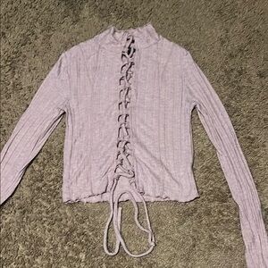 Willow Pink Ribbed Blouse with Tie Front and Mandarin Collar